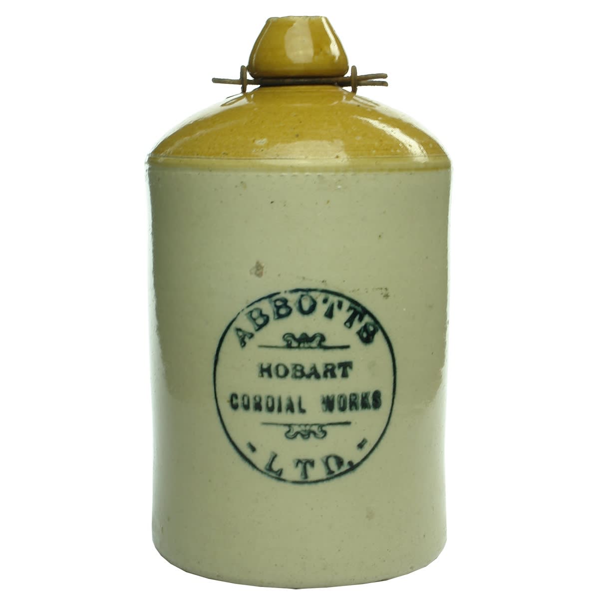 Demijohn. Abbotts Hobart Cordial Works Ltd. Internal Thread. Tan Top. 1 Gallon. (Tasmania)