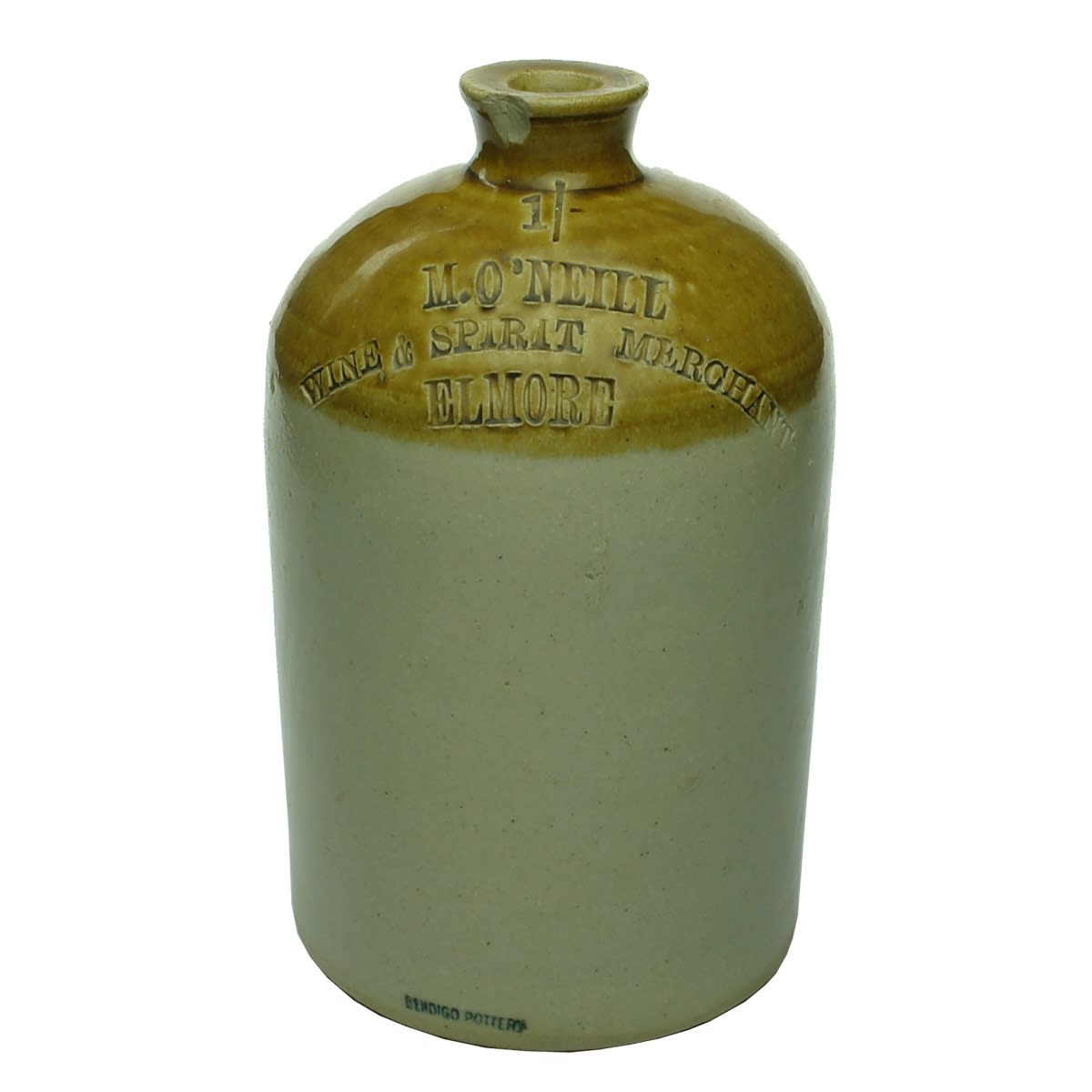 Demijohn. M. O'Neill, Wine & Spirit Merchant, Elmore. Bendigo Pottery. Half Gallon. (Victoria)