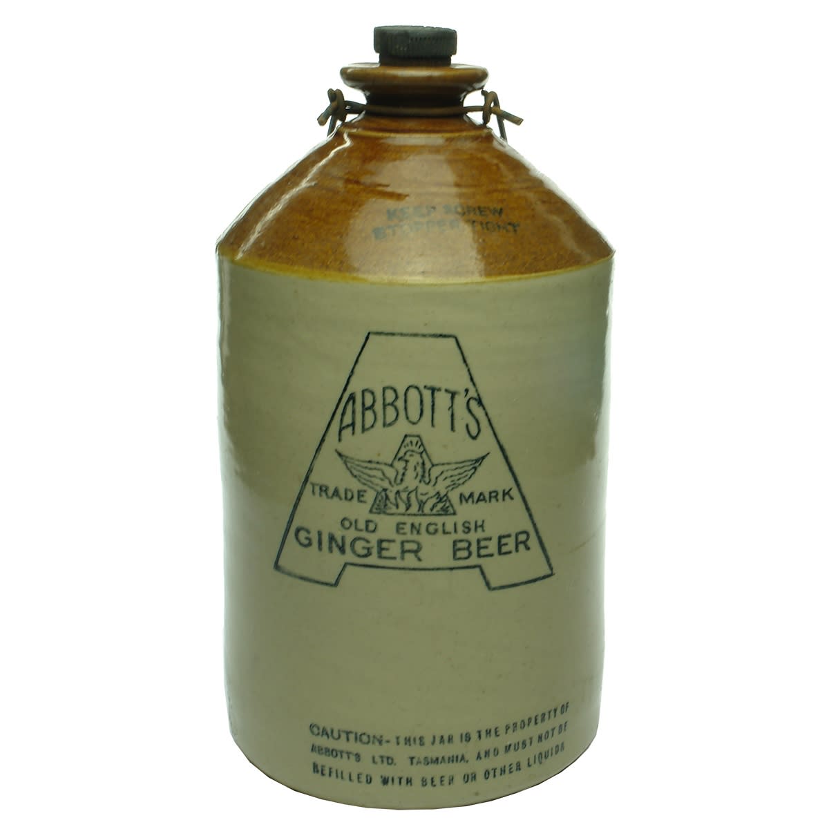 Demijohn. Abbott's Tasmania. Ginger Beer. Internal Thread. Tan Top. Gallon. Bendigo Pottery. (Tasmania)