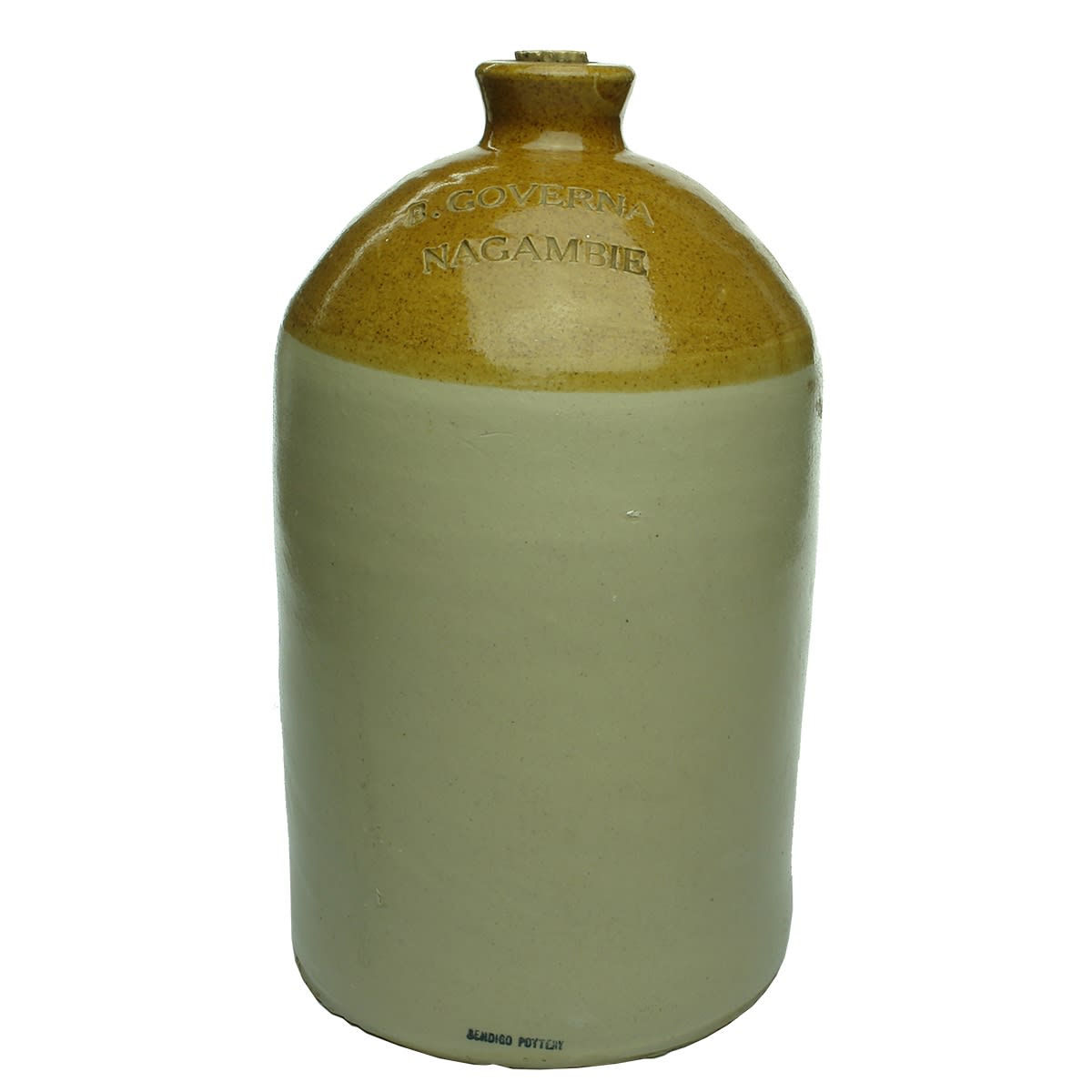 Demijohn. B. Governa, Nagambie. Bendigo Pottery printed near base. One Gallon. (Victoria)