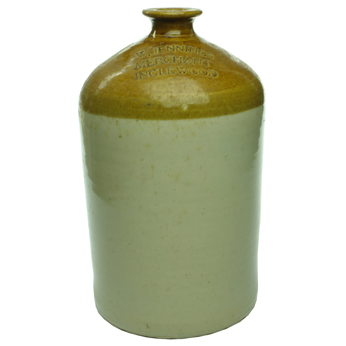 Demijohn. W. Jennings, Merchant, Inglewood. Bendigo Pottery. Impressed. Tan Top. 1 Gallon. (Victoria)