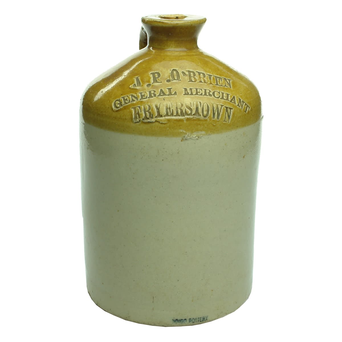Demijohn. J. P. O'Brien, General Merchant, Fryerstown. Bendigo Pottery. Quart. (Victoria)