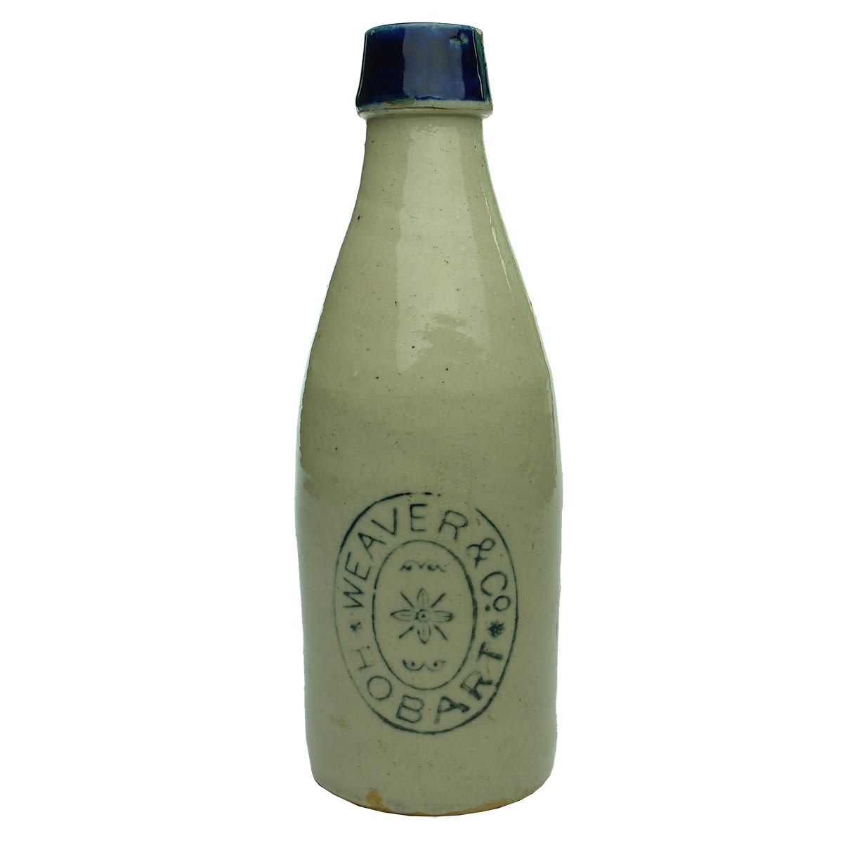 Ginger Beer. Weaver & Co, Hobart. Bendigo Pottery. Blue lip. Champagne. (Tasmania)