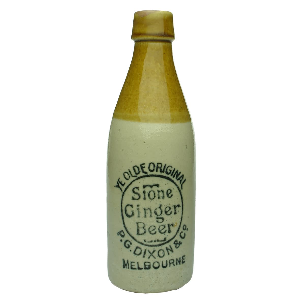Ginger Beer. P. G. Dixon & Co., Melbourne. Champagne. Tan Top. Large badge. Bendigo Pottery. (Victoria)