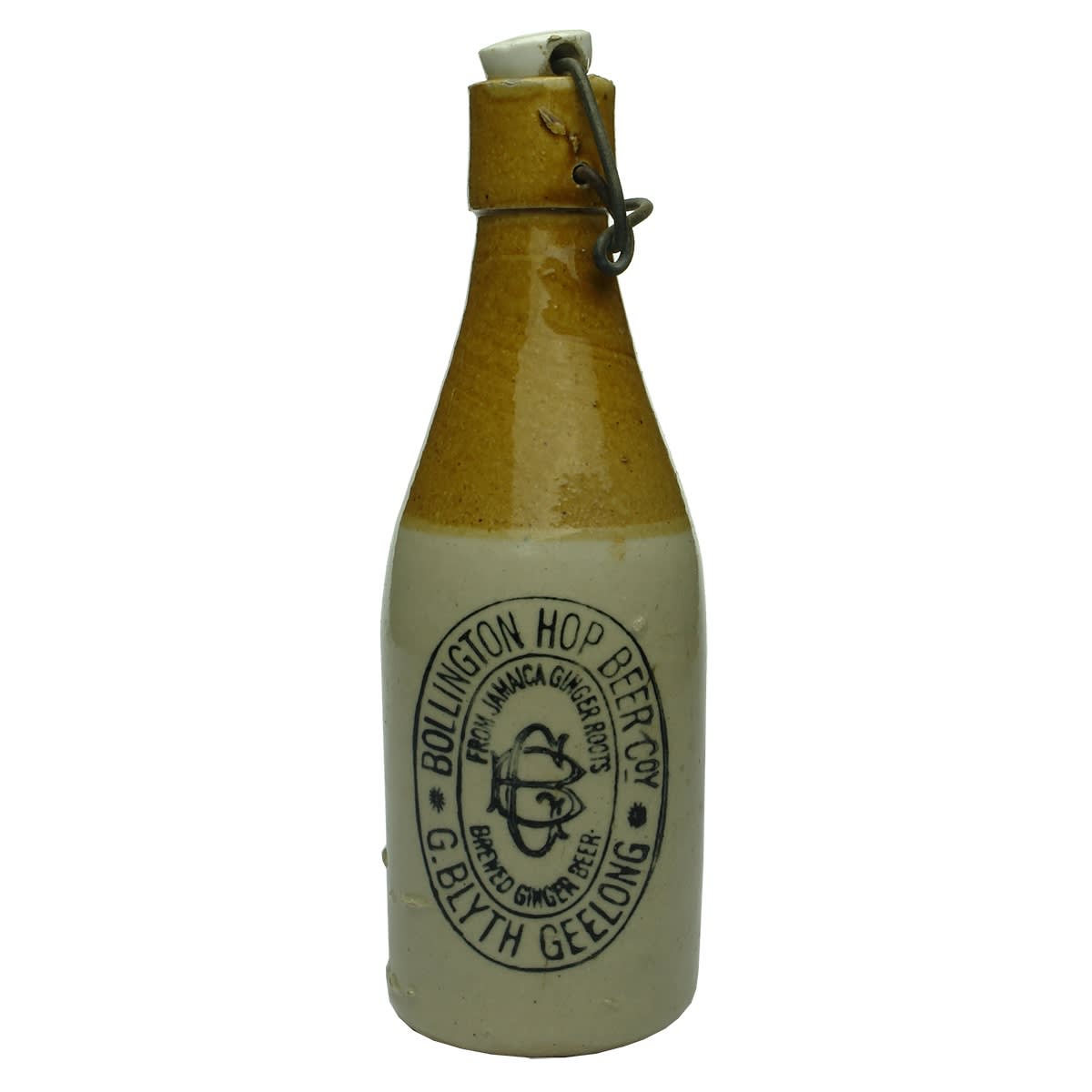 Ginger Beer. Bollington Hop Beer Coy., Geelong. G. Blyth. Bendigo Pottery. Lightning Stopper. Tan Top. 10 oz. (Victoria)