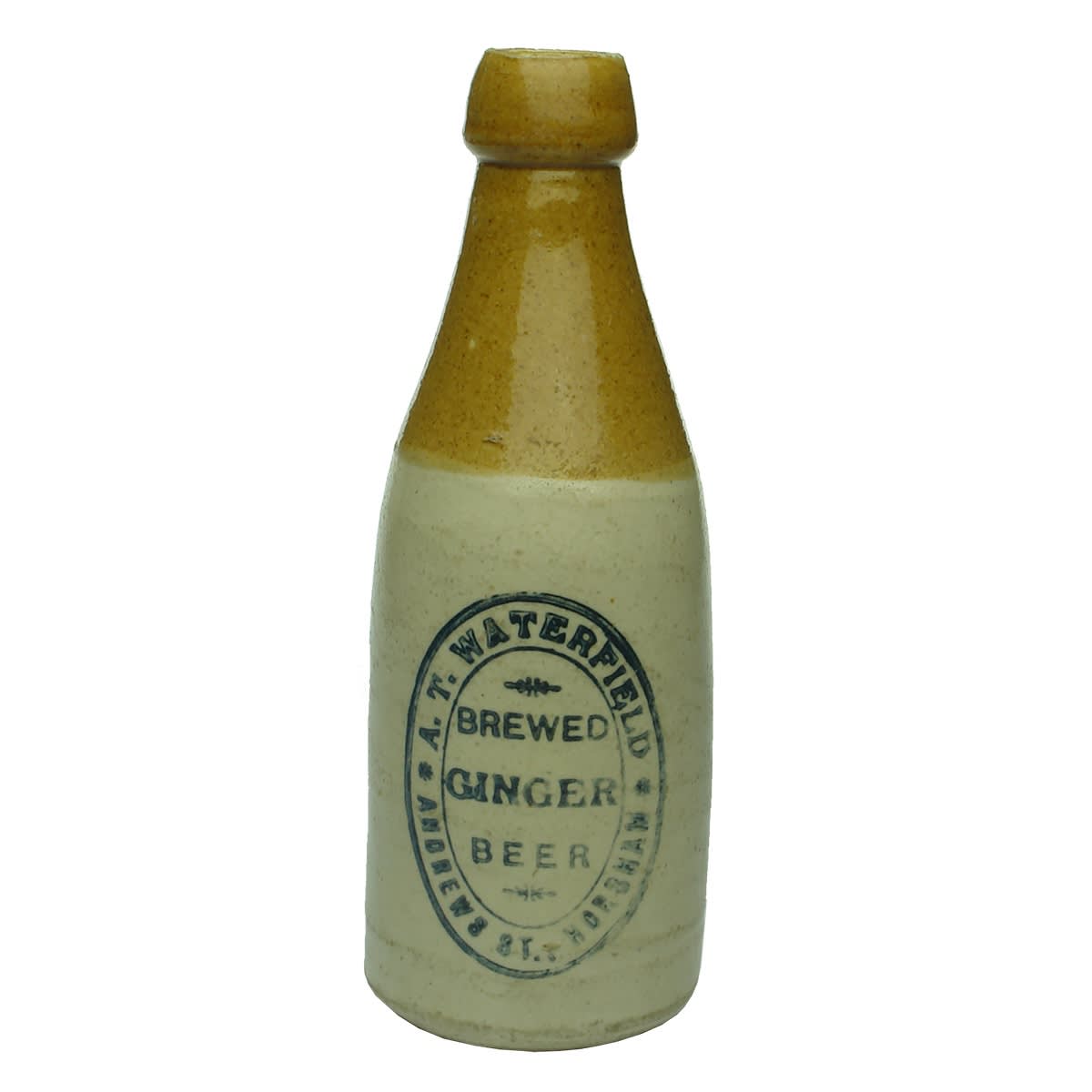 Ginger Beer. A. T. Waterfield, Horsham. Champagne. Tan Top, Blob Top. Bendigo Pottery. (Victoria)