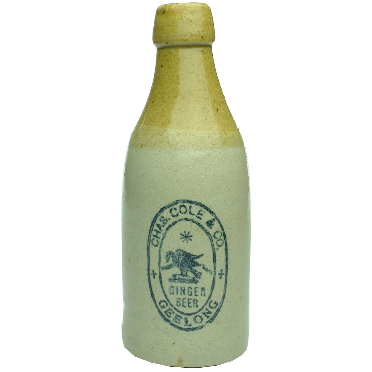 Ginger Beer. Chas Cole & Co. Geelong. Heron & Fish. Bendigo Pottery. Star in stamp. (Victoria)