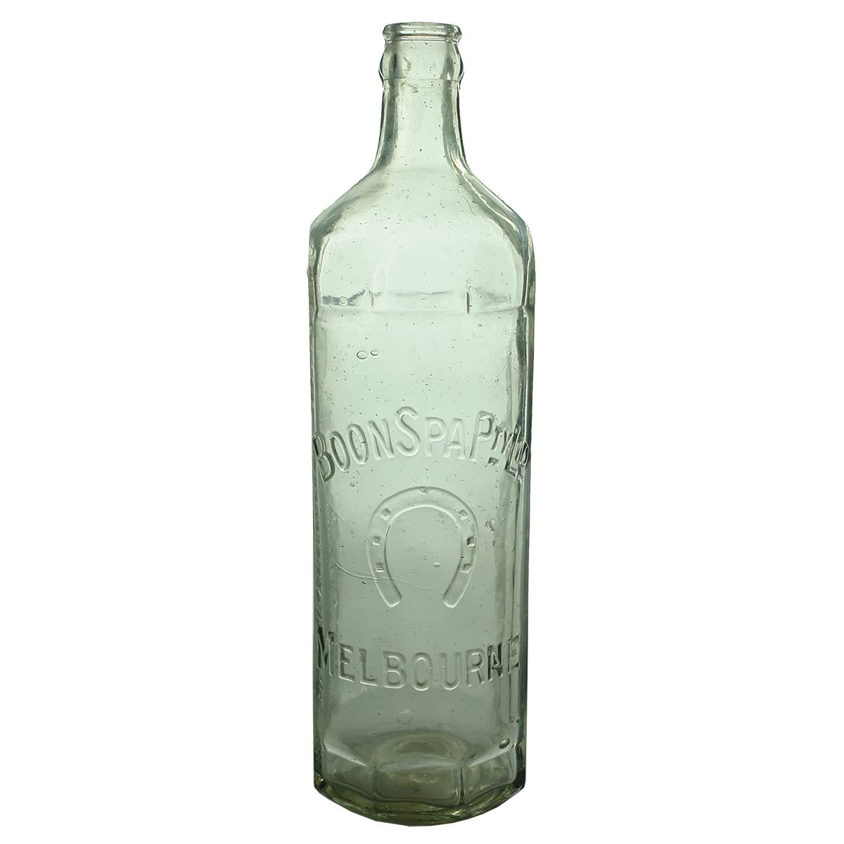 Crown Seal Cordial. Boon Spa Pty Ltd, Melbourne. Horseshoe. Rowlands like octagonal shape. Label space. 26 oz. (Victoria)