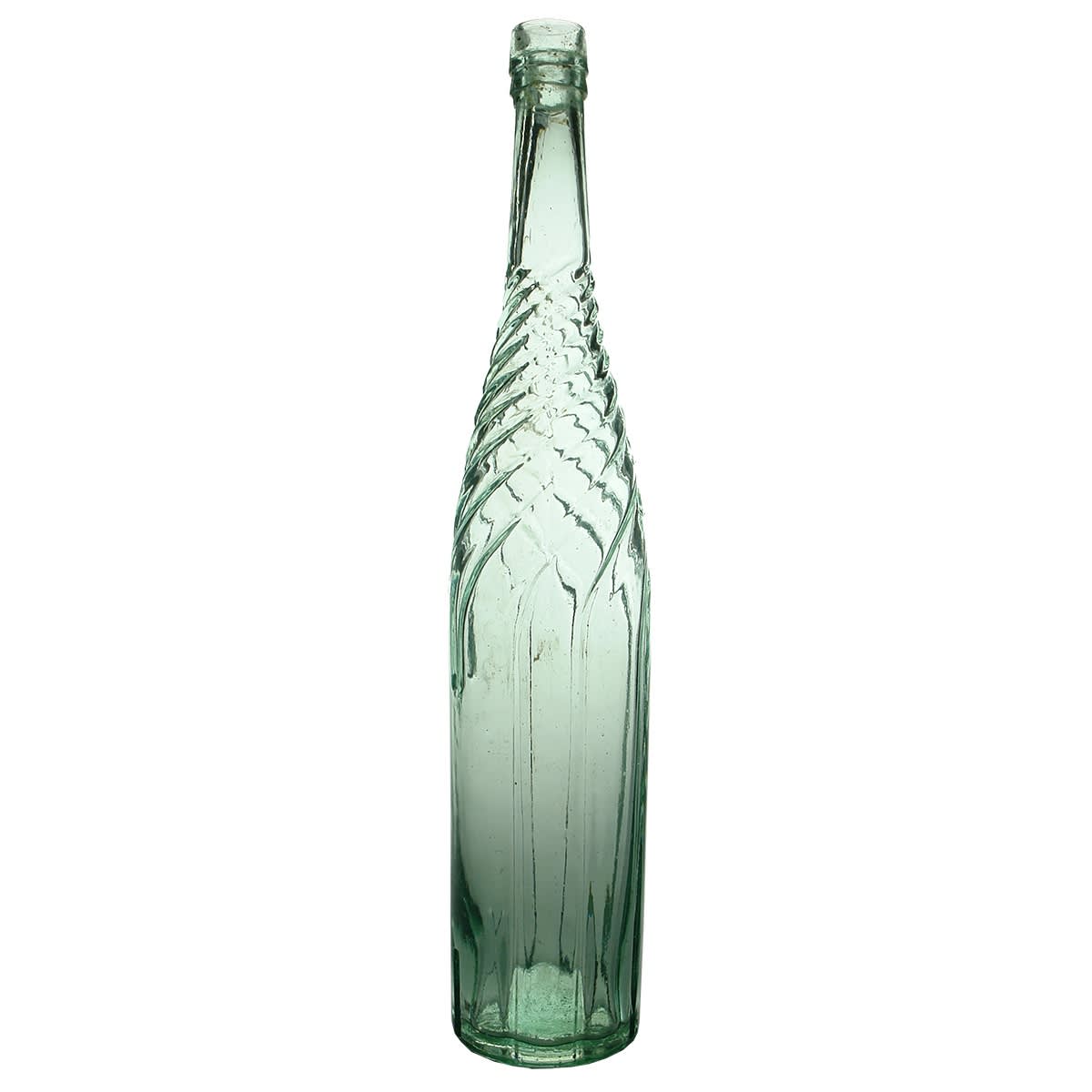 Cordial (sometimes referred to as a Vinegar). Grooves to sides that form swirls around the shoulder and neck. Cannington Shaw glass works.