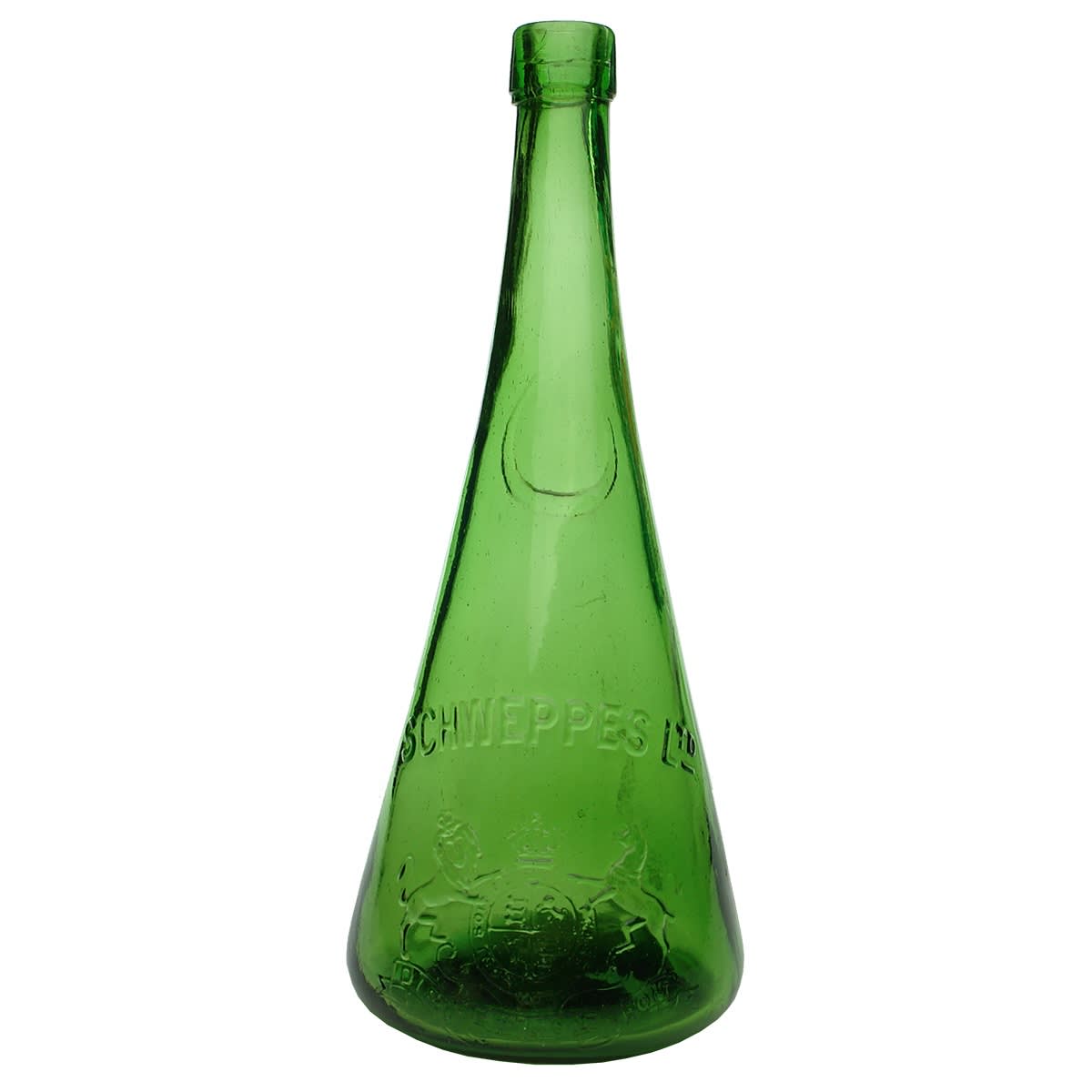 Cordial. Schweppes Ltd. Coat of Arms. Deep Lime Green Conical Type. 26 oz.