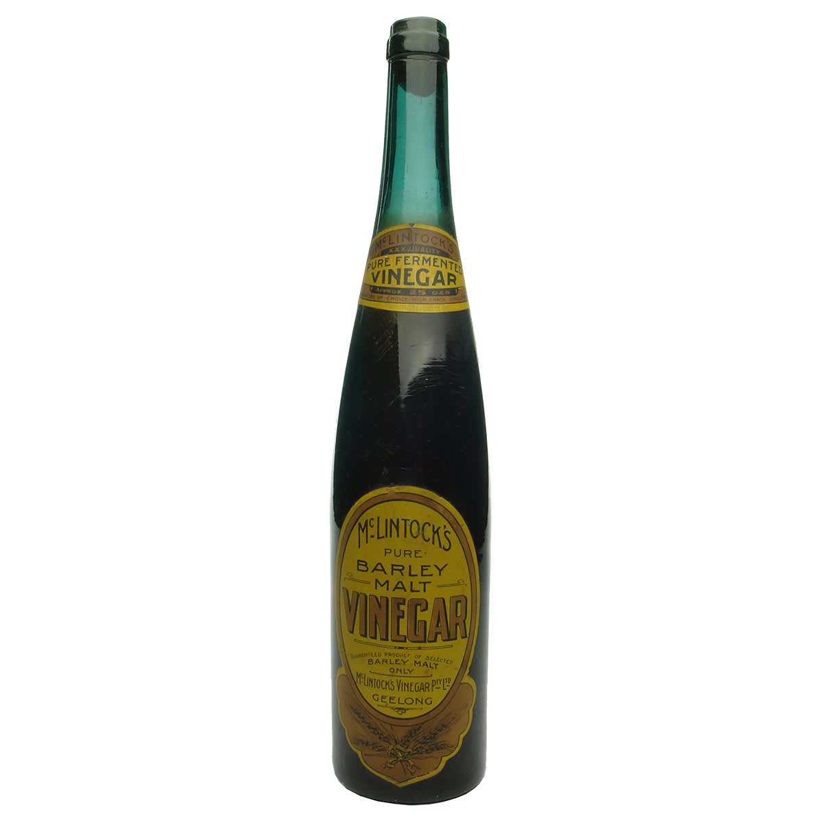 Vinegar. Plain blue coloured Hock bottle. Labels for McLintock's Barley Malt Vinegar, Geelong. 25 oz. (Victoria)