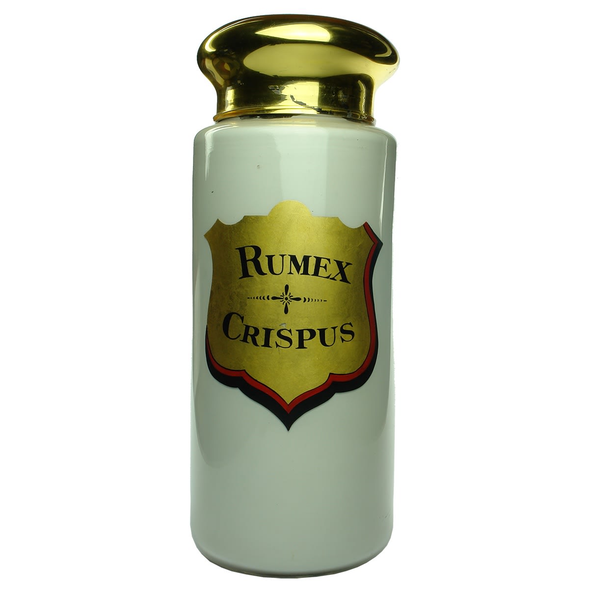 Pharmacy. Cylinder Specie Jar with Gilded Dome, Rumex Crispus. Pontil to base.
