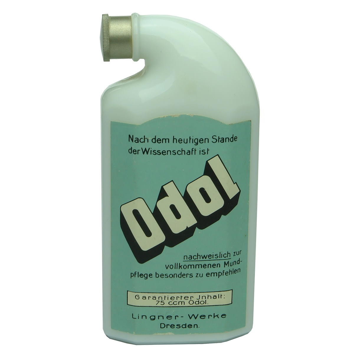 German labelled Odol mouth wash bottle. Screw top. With cap. No contents but still smells of them. 75 ml.