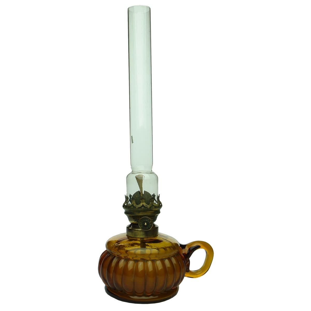 Amber finger lamp. Bulbous sides. Brass burner and chimney.