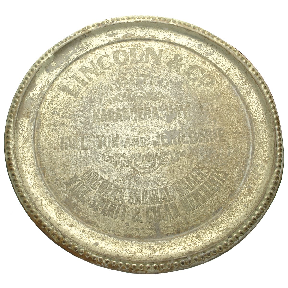 Advertising Serving Tray. Lincoln & Co Ltd, Narrandera, Hay, Hillston and Jerilderie. Brewers, Cordial Makers, Wine, Spirit & Cigar Merchants. (New South Wales)