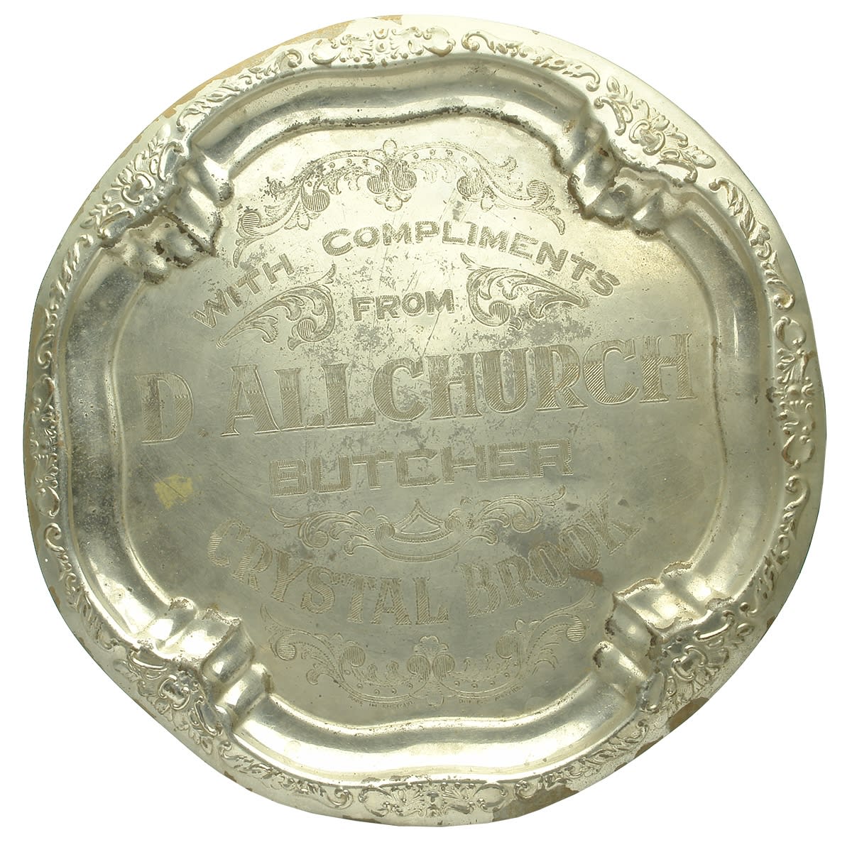 Advertising Serving Tray. D. Allchurch Butcher, Crystal Brook. Plated Advertising Tray. (South Australia)