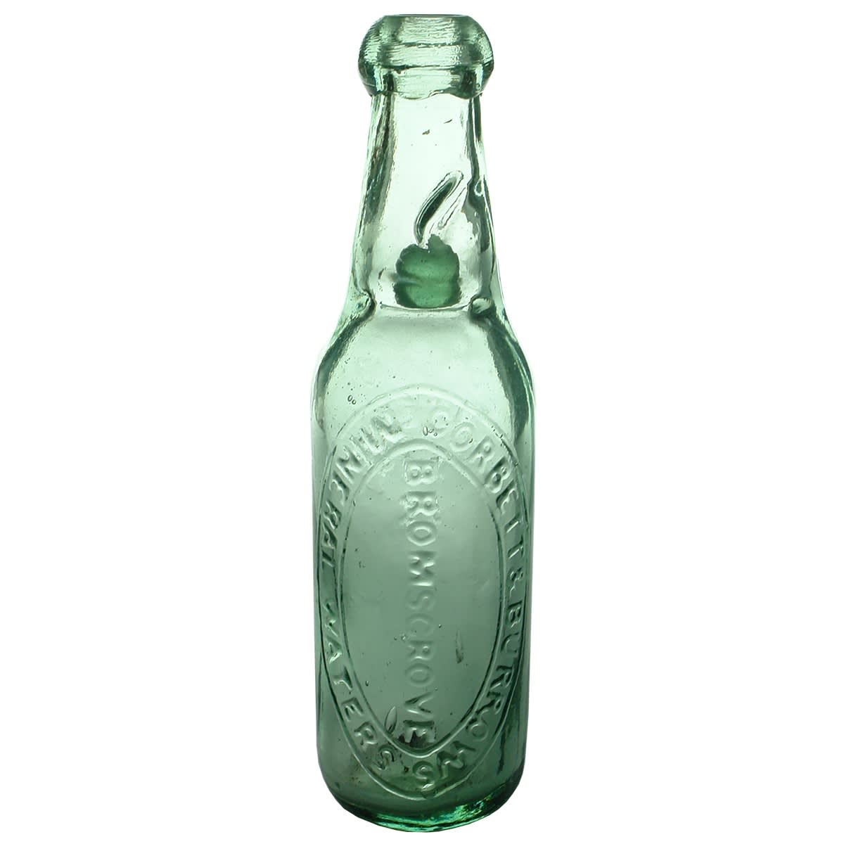 Codd. Corbett & Burrows Mineral Waters, Bromsgrove. Codd's Patent 18, London. Narrow Neck, Blob Top! Aqua. 10 oz. (United Kingdom)