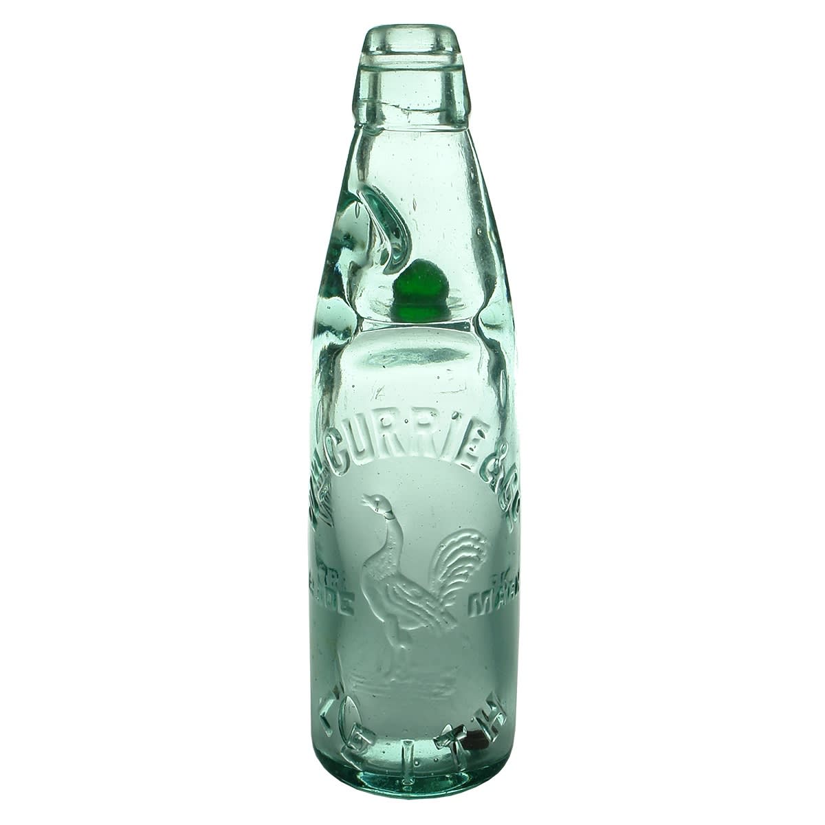 Codd. Wm Currie & Co, Leith. Rooster. One Way Pour. Green Marble. Aqua. 10 oz. (United Kingdom)