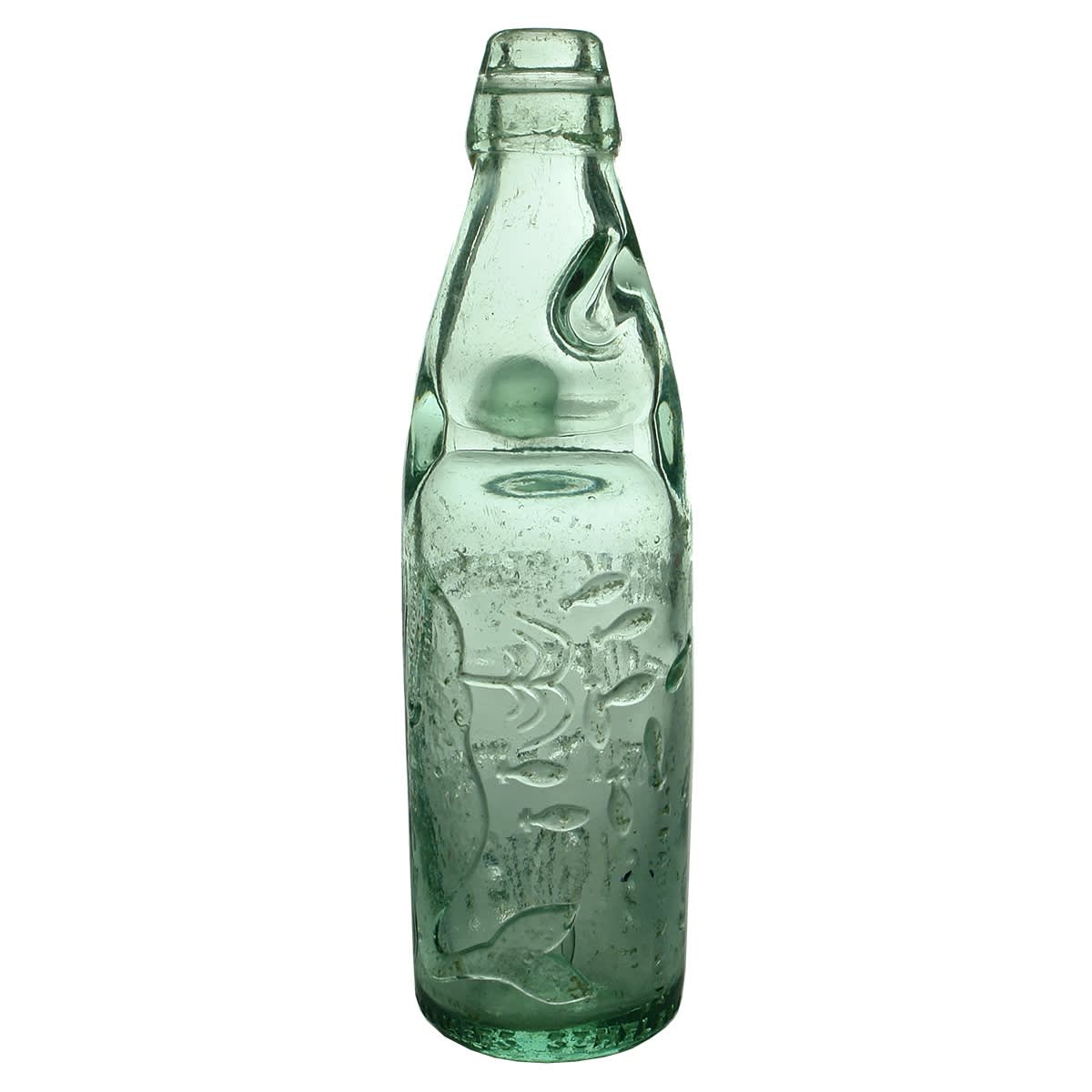Codd. Charles Oertel, Sydney. Whale spouting Torpedo Bottles. One way pour. Aqua. 10 oz. (New South Wales)