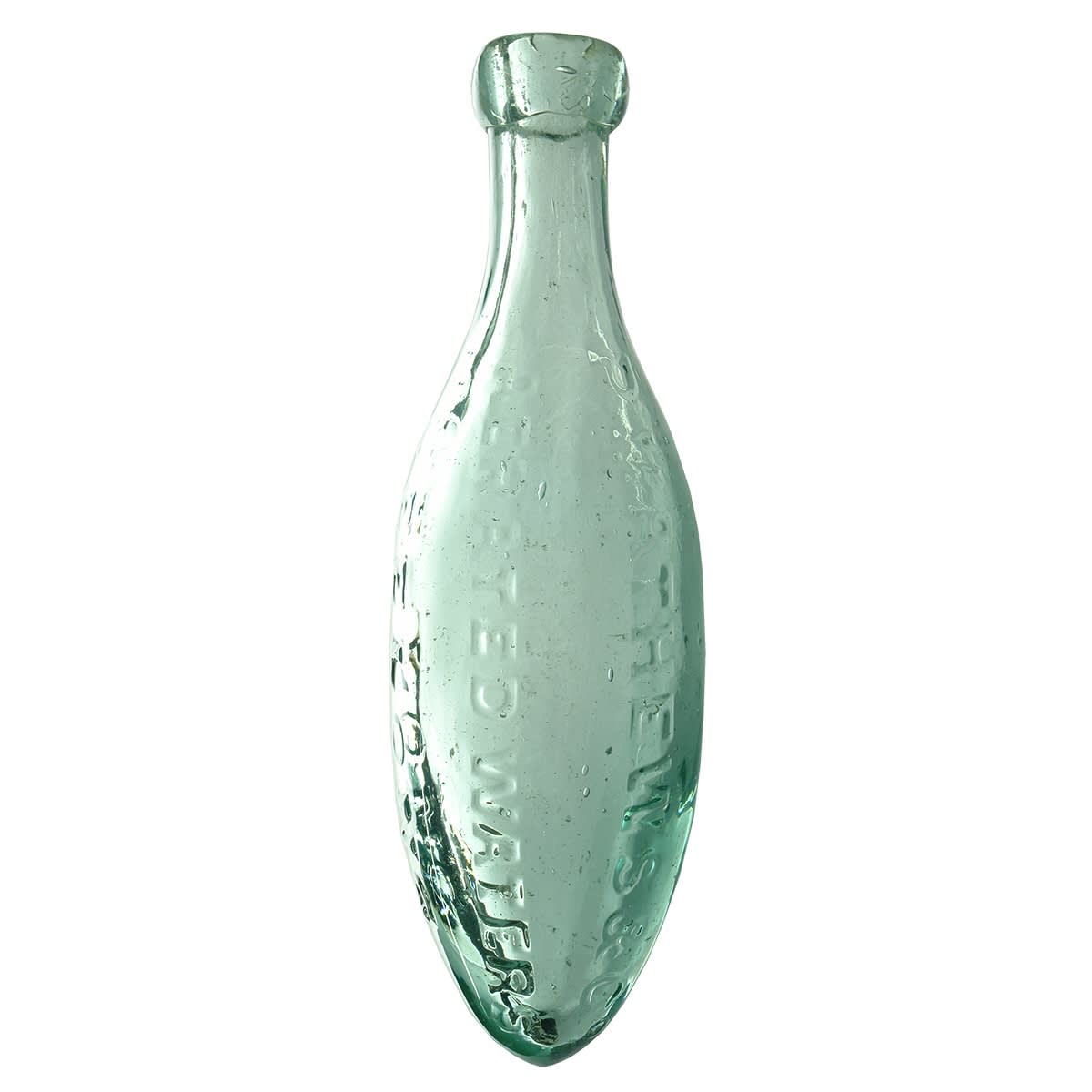 Torpedo. P. Mathews & Co, Aerated Waters, Geelong. Three lines of embossing, no trade mark. Aqua. 10 oz. (Victoria)