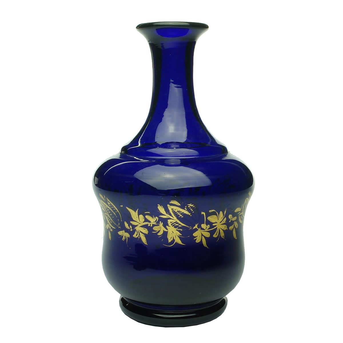 Fancy Cobalt Blue Bottle. Gold leaf decoration around the middle. Polished pontil scar.
