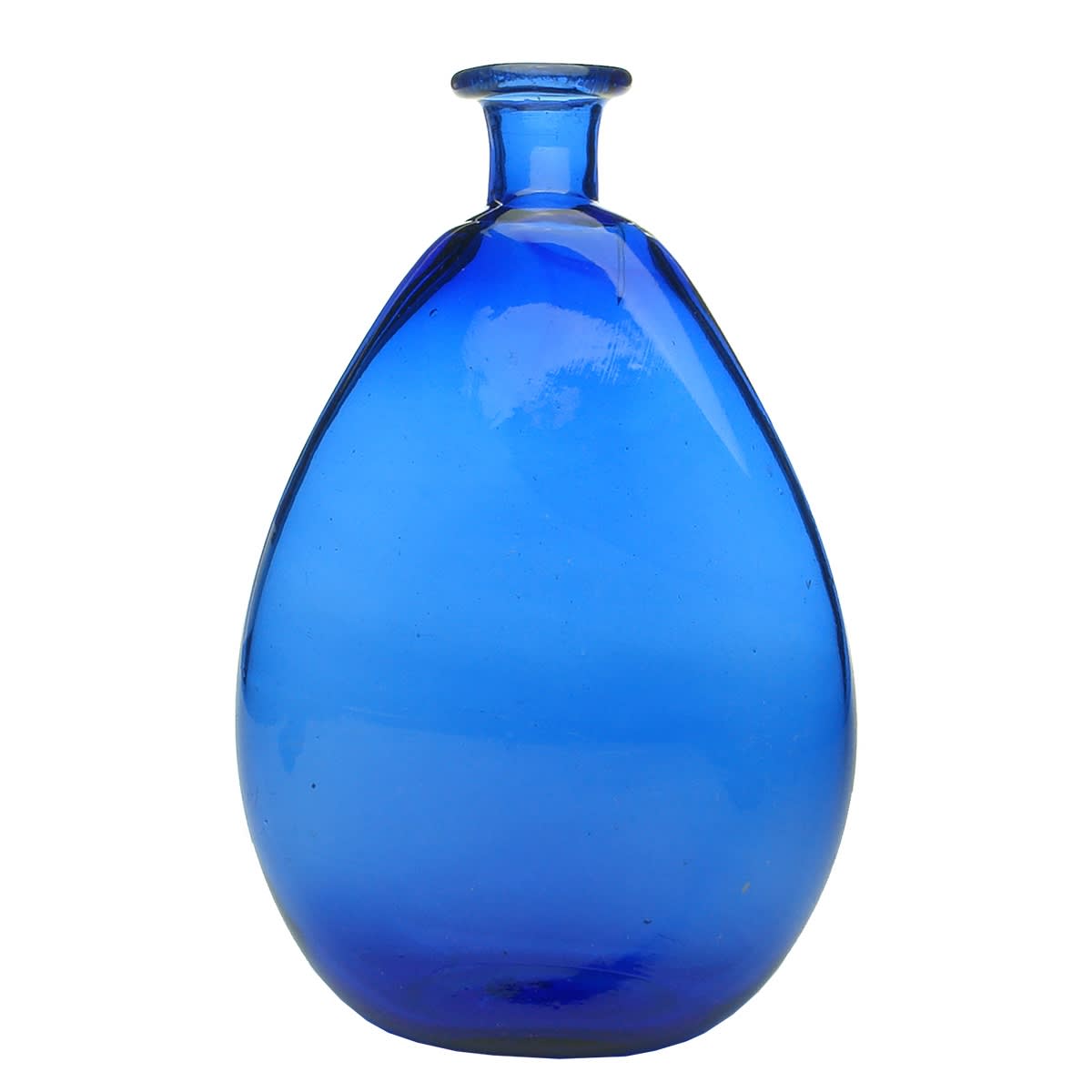 Cobalt Blue Teardrop Flask. Crude applied top at neck. Pontil scar to base.