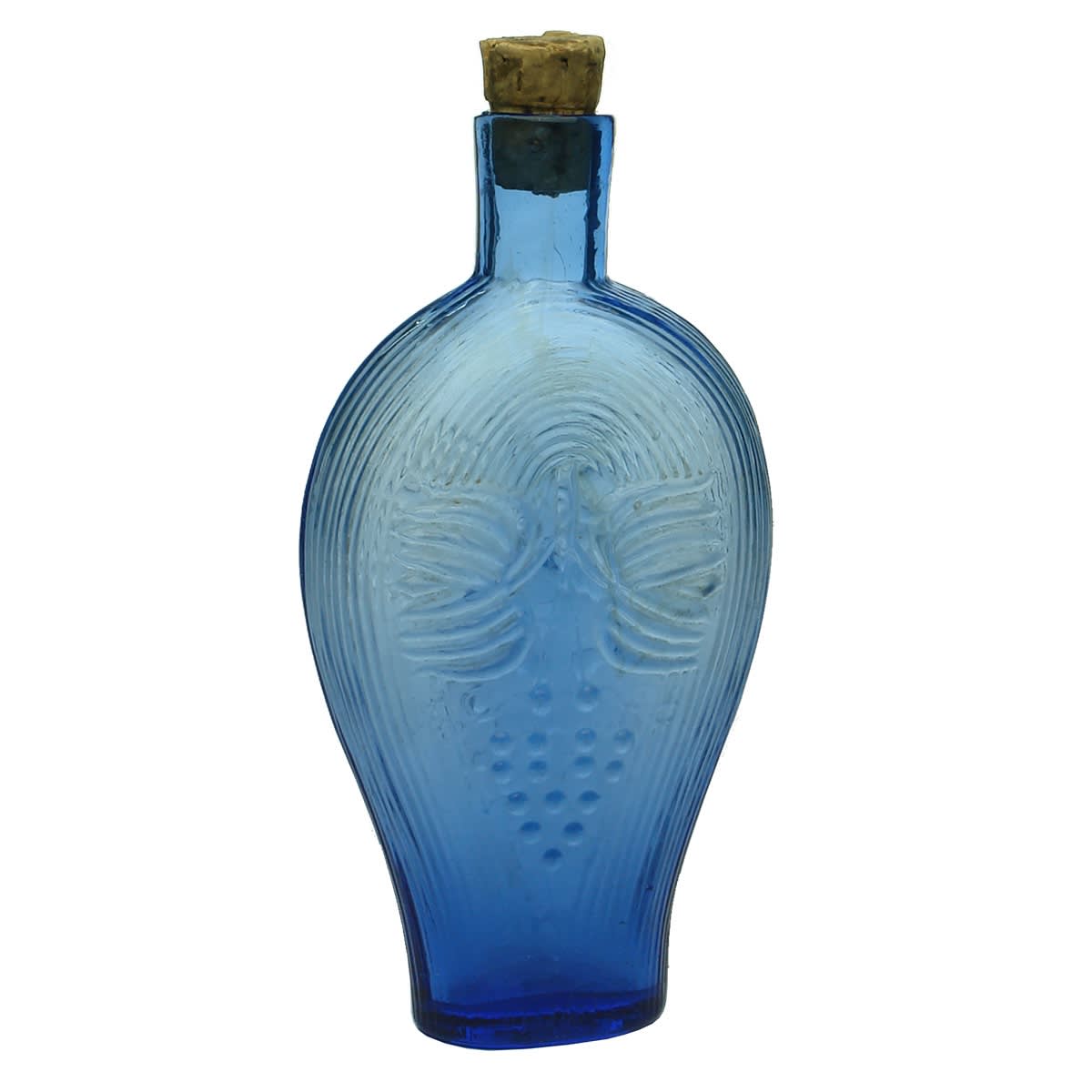 Mid blue figural flask. Leaves & Grapes. Fine patterned lines all over. Sharp Pontil scar.