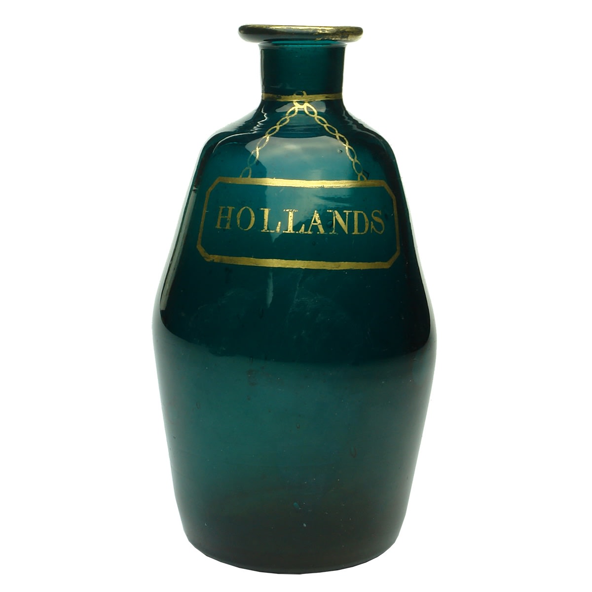 Dark Forest Green Decanter with Gold print "Hollands" (Gin). Deep pontil scar has been polished smooth when made.