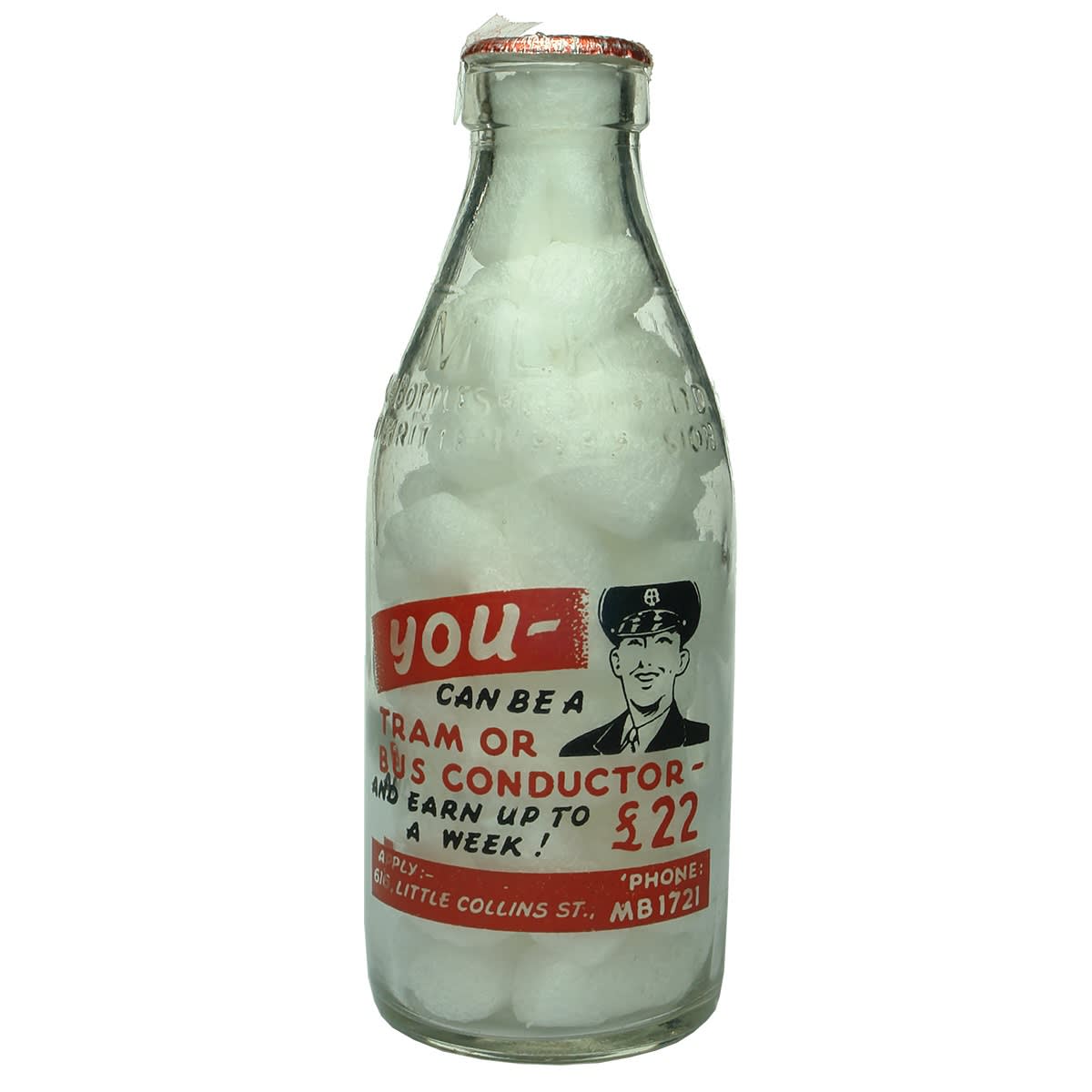 Ceramic Label Advertising Milk. You can be a Tram or Bus Conductor. Milk Bottles Recovery. (Victoria)