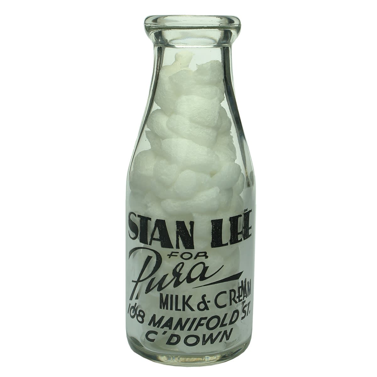 Ceramic Label Milk. Stan Lee for Pura, 108 Manifold St., Camperdown. Pint. (Victoria)