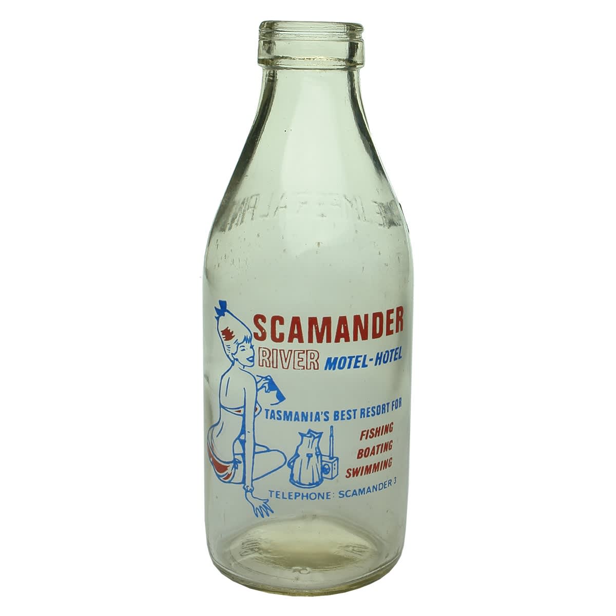 Ceramic Label Advertising Milk. Scamander River Motel-Hotel. Fishing Boating Swimming. Pint. (Tasmania)