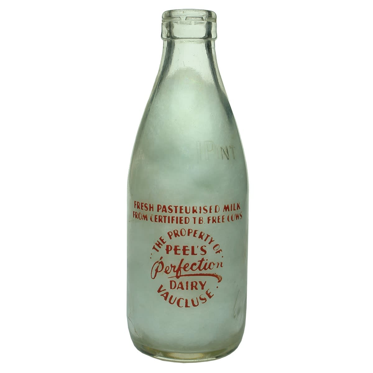 Ceramic Label Milk. Peel's Perfection Dairy Vaucluse. Pint. (New South Wales)