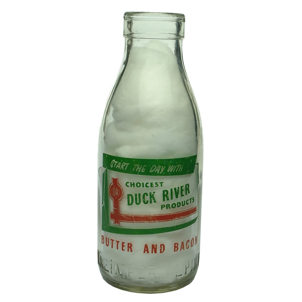 Ceramic Label Advertising Milk. Duck River Products. Butter and Bacon. Pint. (Tasmania)