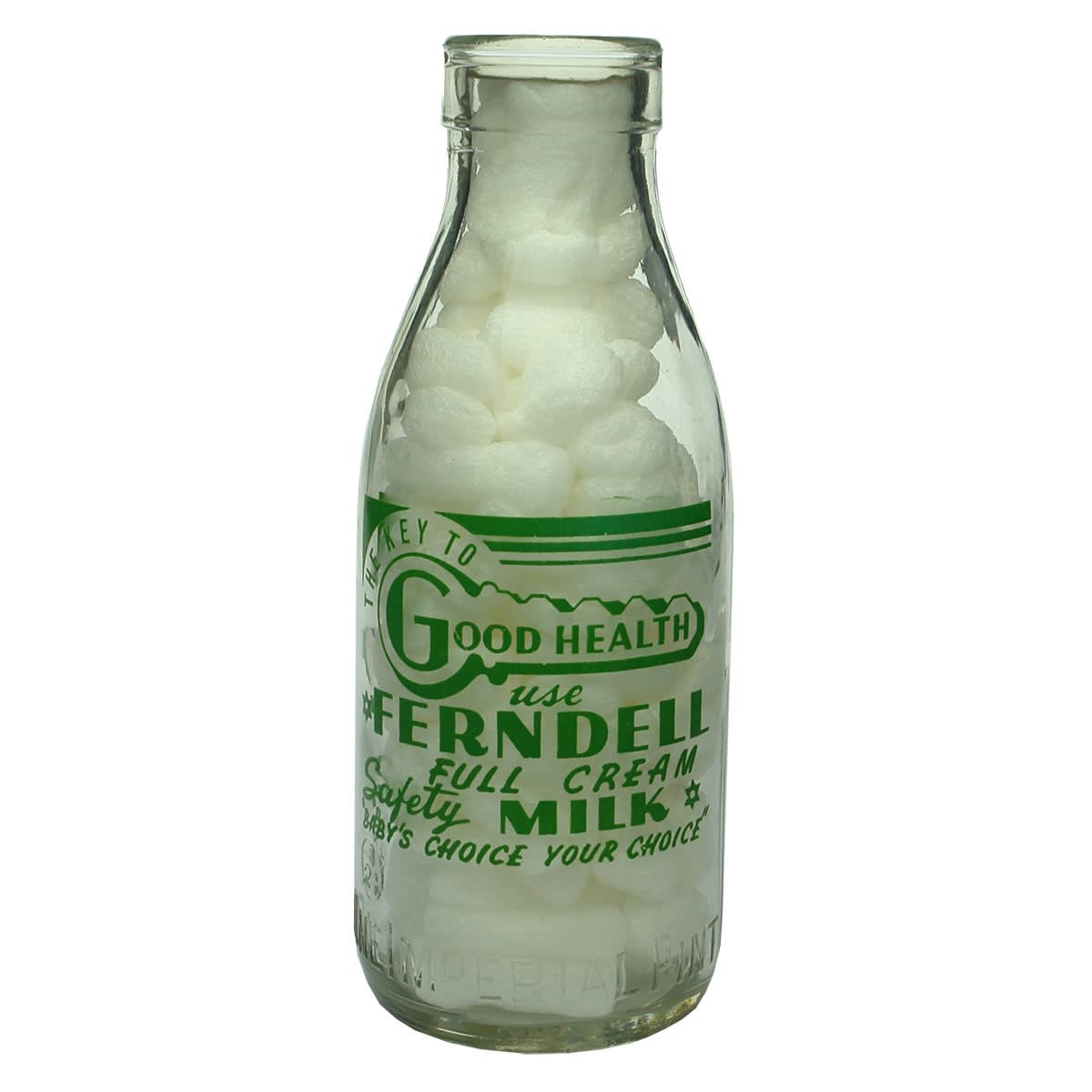 Ceramic Label Advertising Milk. Ferndell Safety Milk. Key. Pint. (Mooroopna, Victoria)