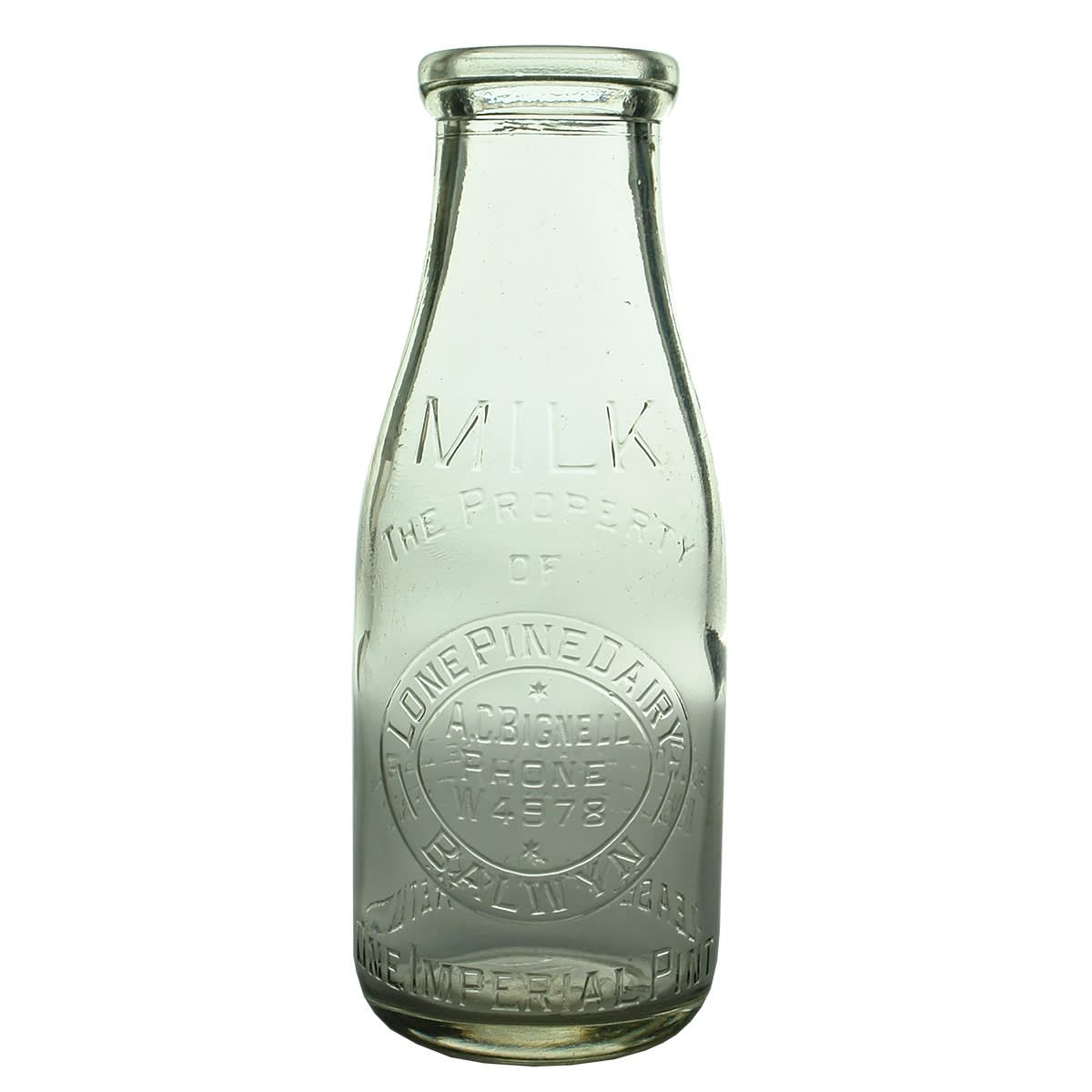 Milk. Lone Pine Dairy. A. C. Bignell, Balwyn. Earlier Style. Wad Lip. Clear. 1 Pint. Base Mark: 349. (Victoria)