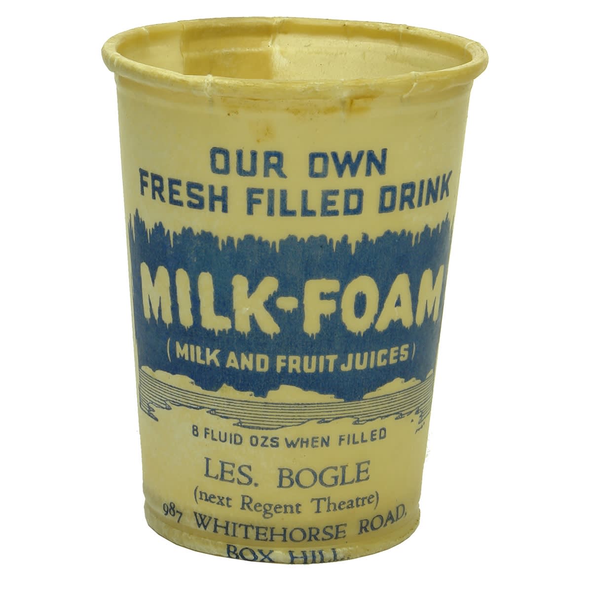 Dairy. Les. Bogle, 987 Whitehorse Road, Box Hill, Milk Foam Wax Cup. 8 oz. (Victoria)