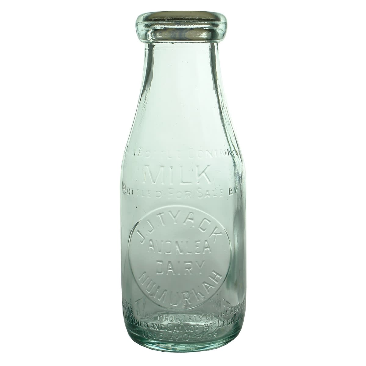 Milk. J. J. Tyack, Avonlea Dairy, Numurkah. Base Number: 621. Wad lip. Aqua. 1 Pint. (Victoria)