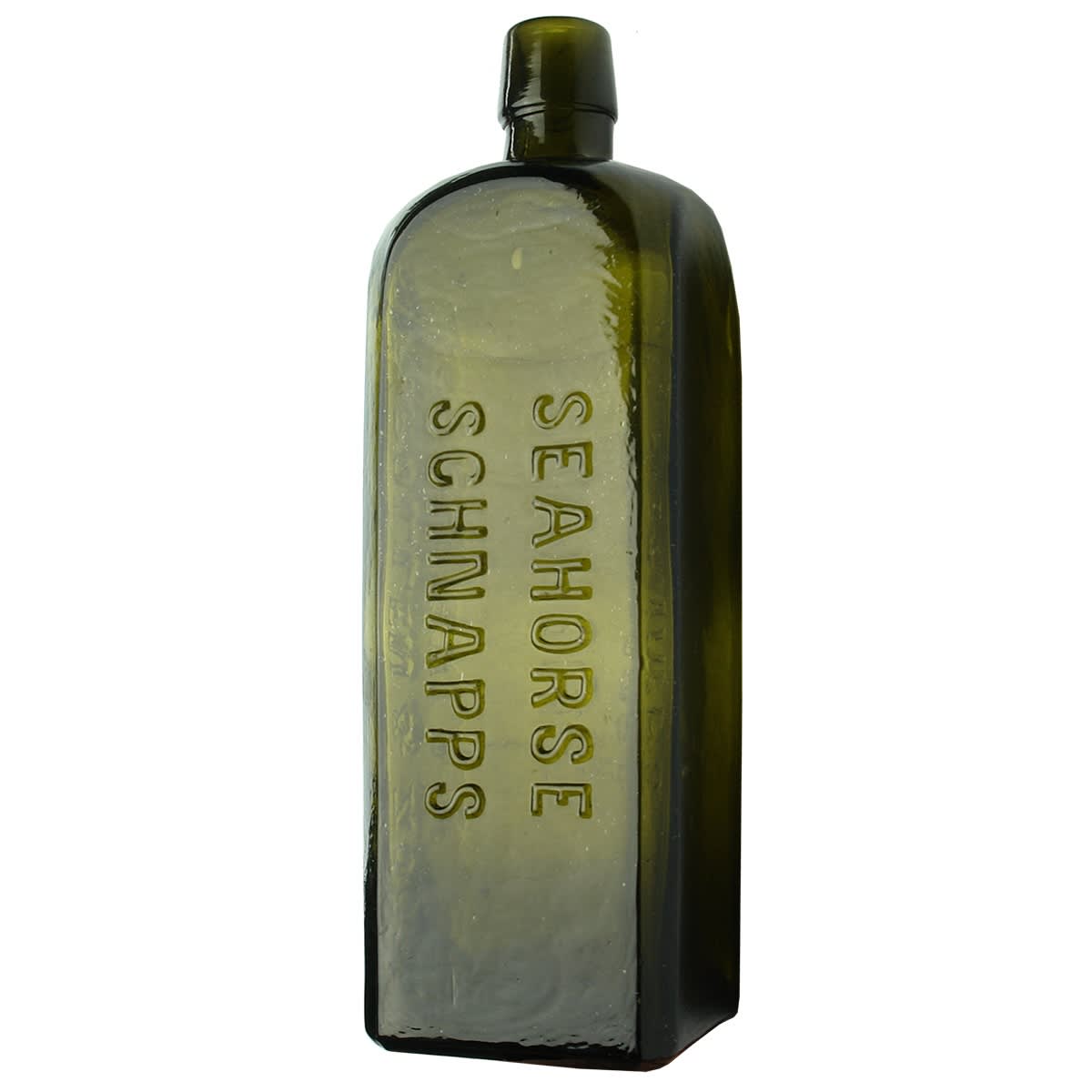 Schnapps. Seahorse Schnapps. M. P. Pollen & Zoon, Rotterdam. Melbourne Glass works made variety. Olive Green. 26 oz.