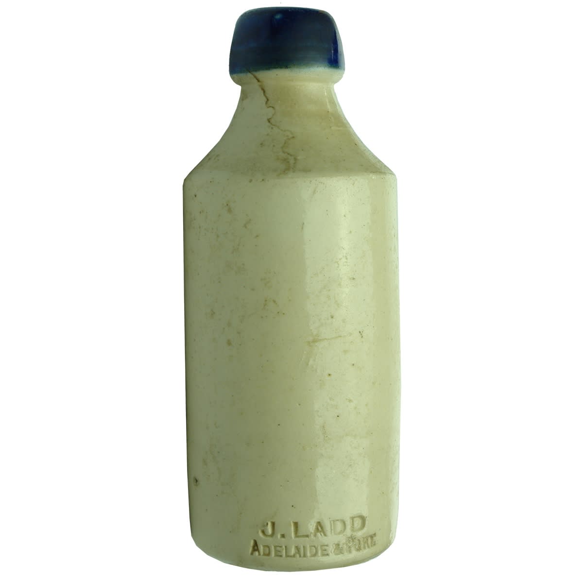 Ginger Beer. J. Ladd, Adelaide & Port. Cork stopper. Grosvener Pottery. Impressed. Blue Lip. (South Australia)