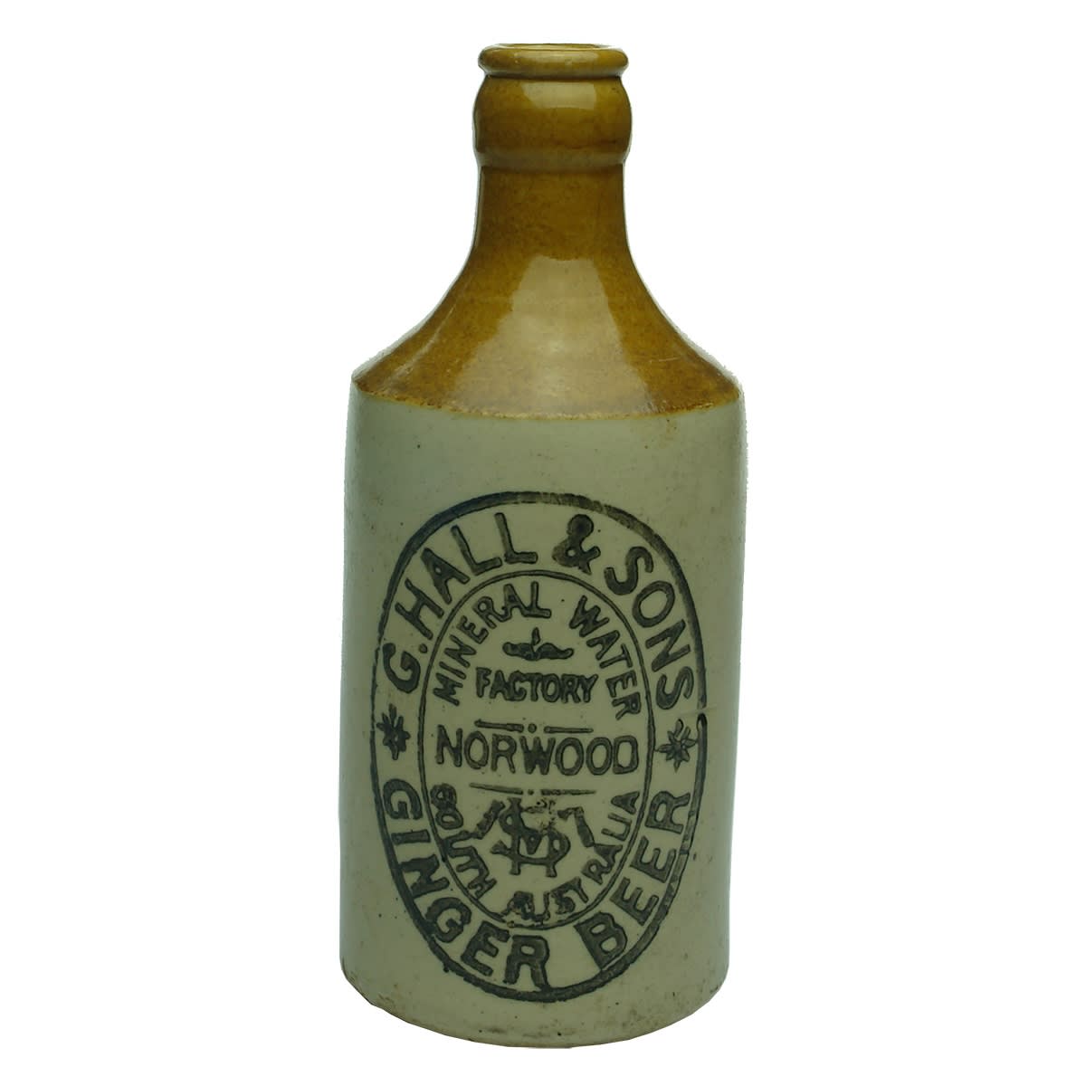 Ginger Beer. G. Hall & Sons, Mineral Water Factory, Norwood. Dump. Tan Top. Crown Seal. Fowler. (South Australia)