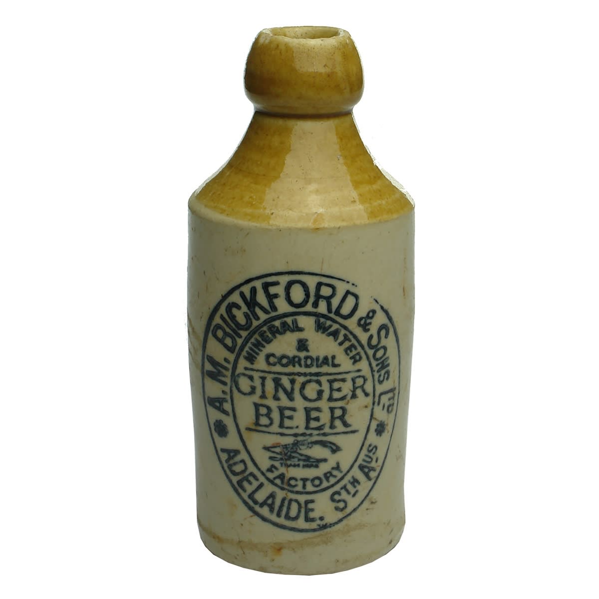 Ginger Beer. A. M. Bickford & Sons Ltd, Adelaide. Bendigo Pottery. Cork stopper. Tan top. (South Australia)