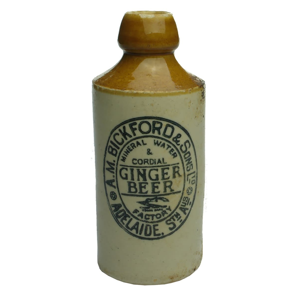 Ginger Beer. A. M. Bickford & Sons Ltd, Adelaide. R. Fowler, Sydney. Cork stopper. Tan top. (South Australia)