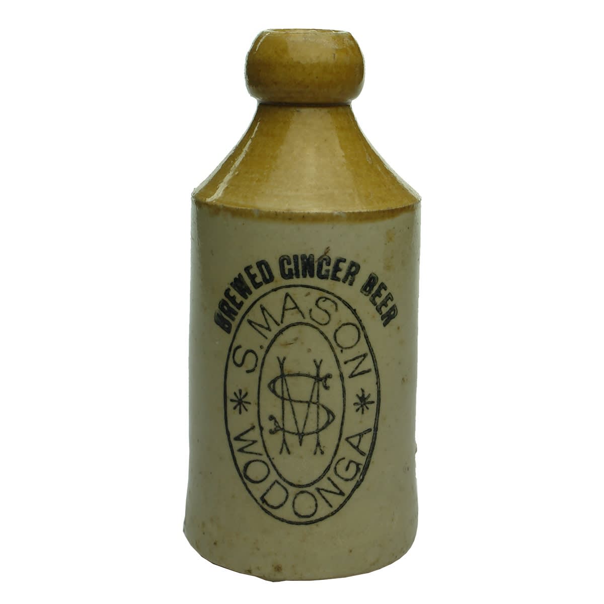Ginger Beer. S. Mason, Wodonga. Bendigo Pottery. Dump. Tan Top. 10 oz. (Victoria)
