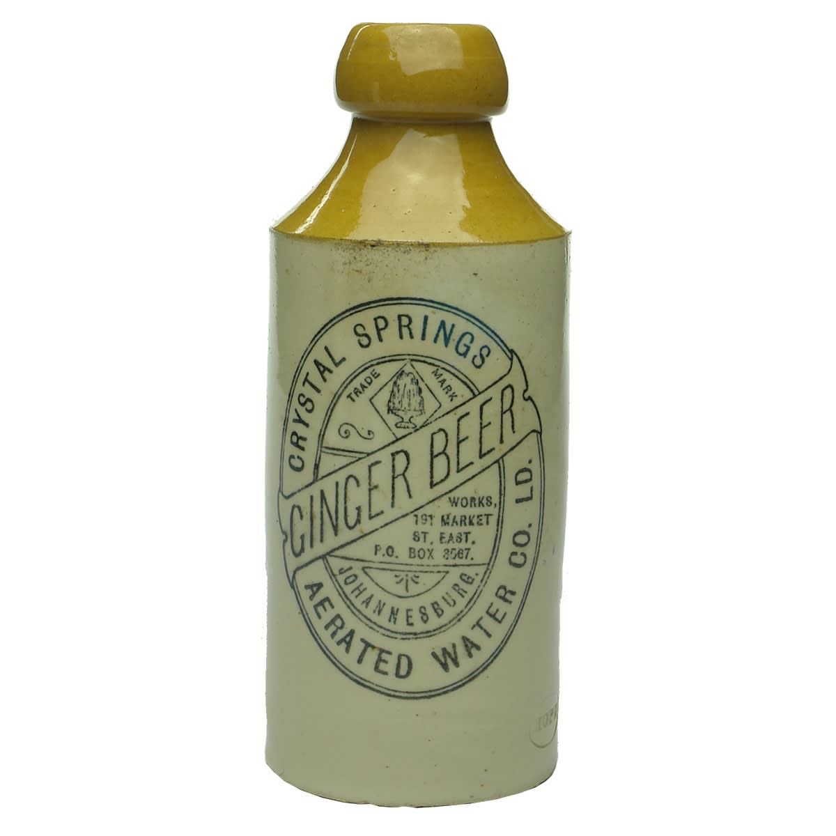 Ginger Beer. Crystal Springs Aerated Water Co. Ld., Johannesburg. Hope pottery. Cork Stopper. Dump. Tan Top. (South Africa)