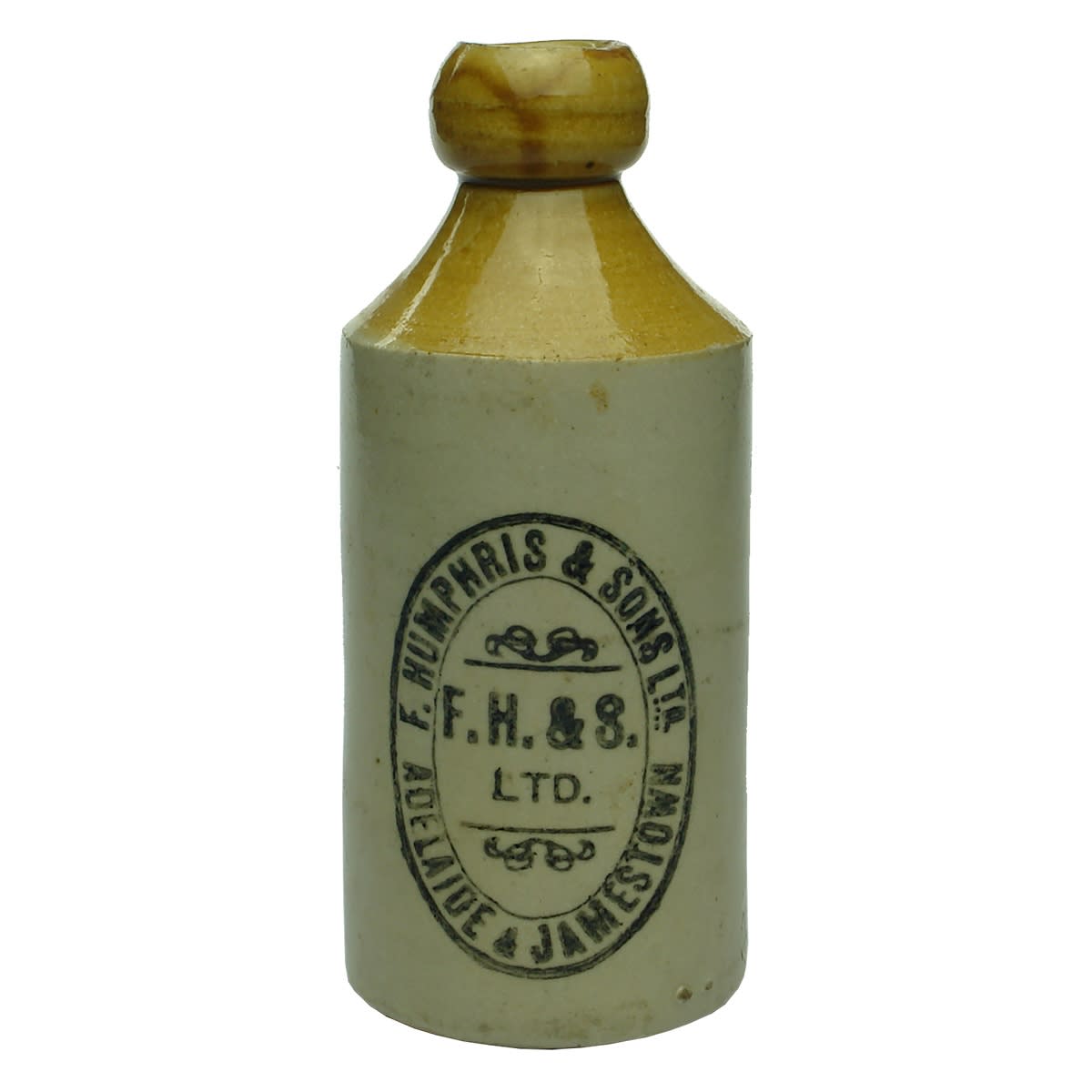 Ginger Beer. F. Humphris & Sons Ltd, Adelaide & Jamestown. Bendigo Pottery. Dump. Tan Top. Cork Stopper. (South Australia)
