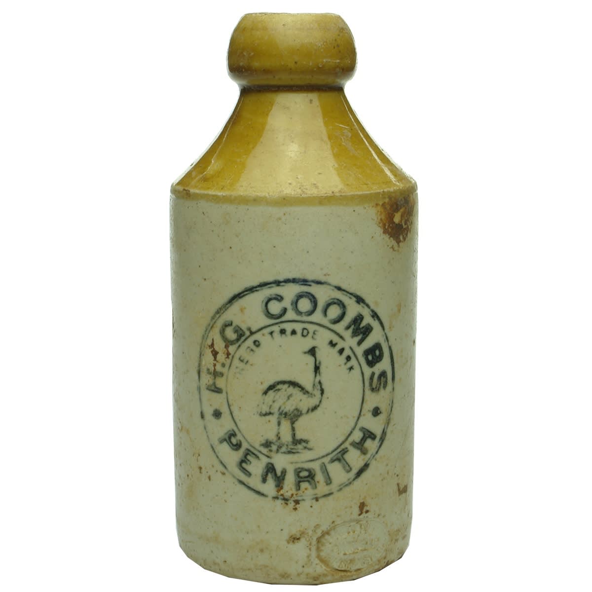 Ginger Beer. H. G. Coombs, Penrith. Emu. Black Print. Tan top. Mauri Bros & Thomson stamp. (New South Wales)