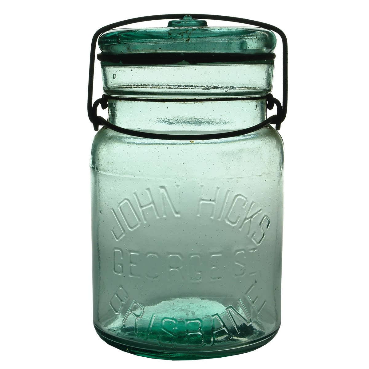 Fruit Preserving Jar. John Hicks, George St., Brisbane. Bail with glass lid. Quart. (Queensland)