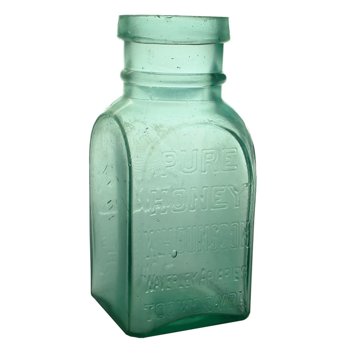 Honey Jar. W. H. Dunsdon, Waverley Apiaries, Toowoomba. Aqua. 2 Pounds. Beehive. (Queensland)