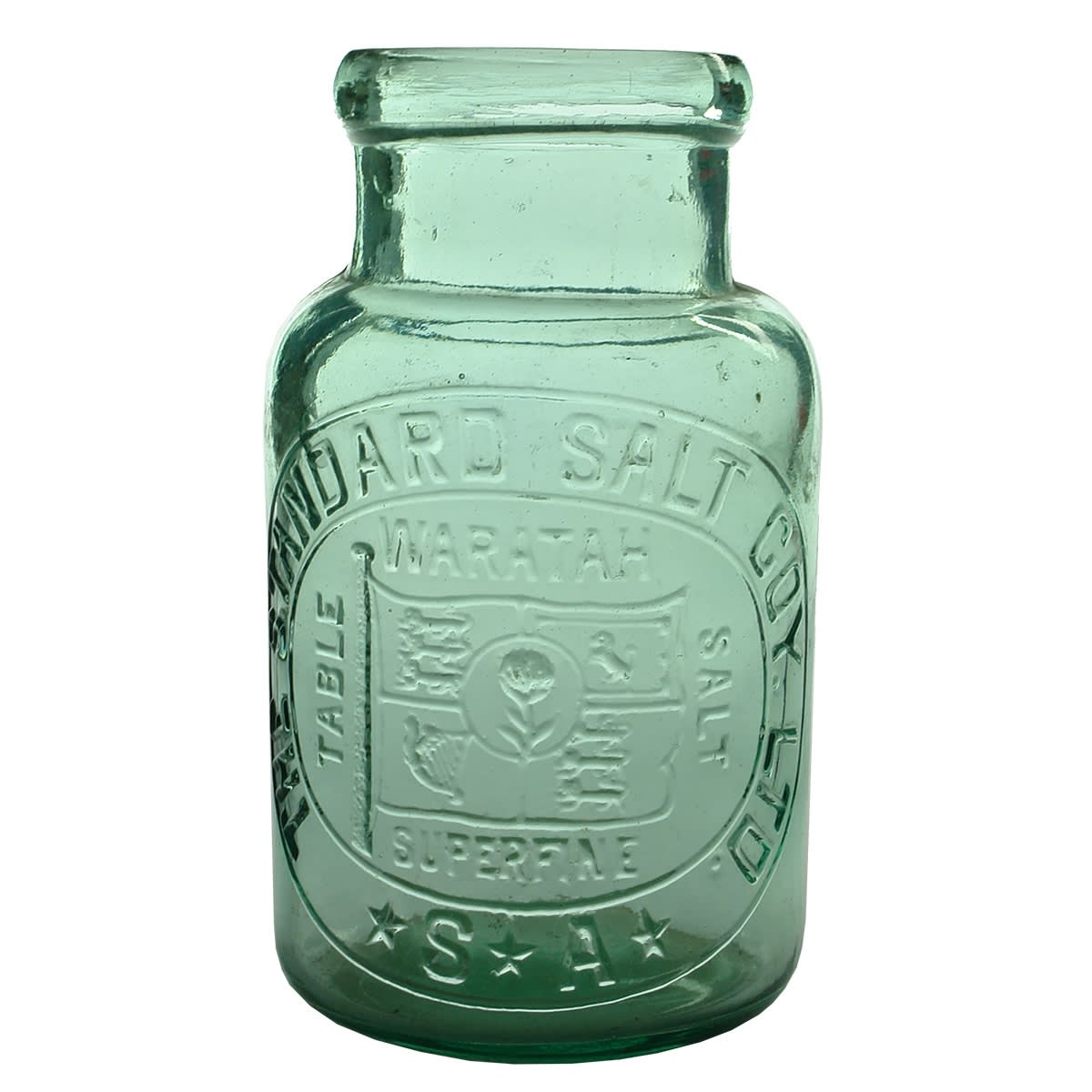 Jar. The Standard Salt Coy. Ltd, S. A. Waratah Superfine Table Salt. Aqua. 2 Pound. (South Australia)
