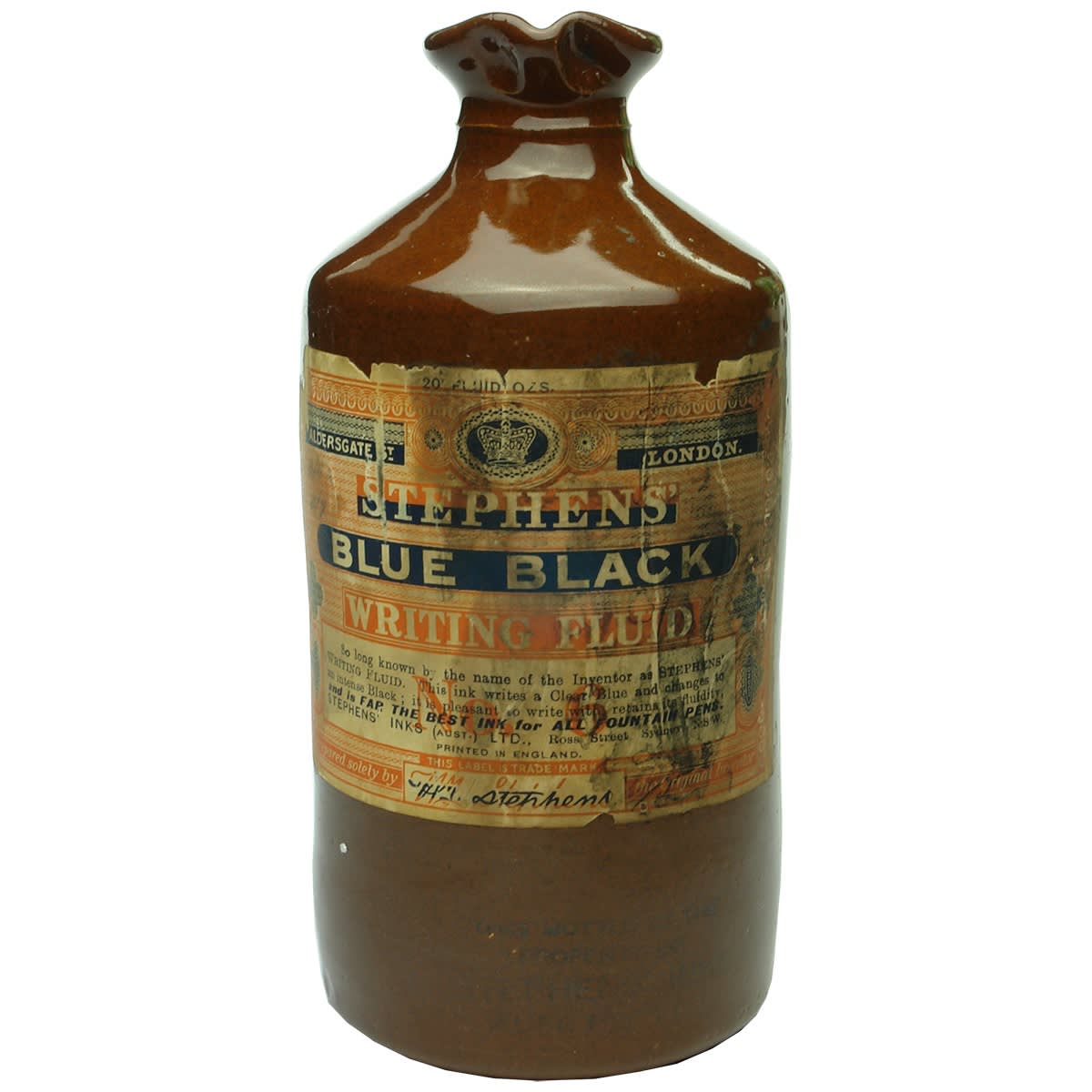 Ink. Stephens Inks. Chocolate glaze with black print. Original label. 20 oz.
